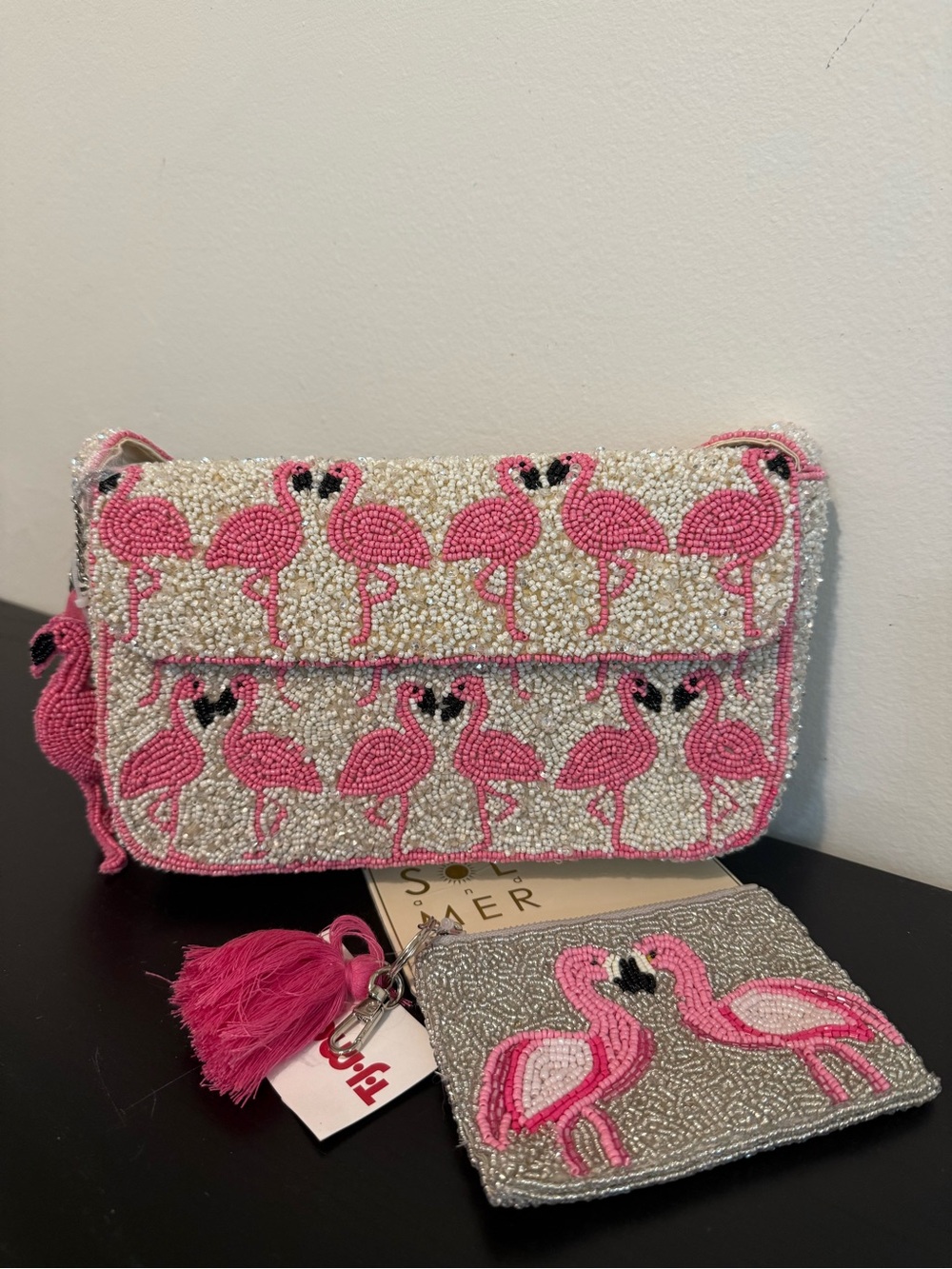 Pink Flamingo Beaded Shoulder Bag and matching coin purse